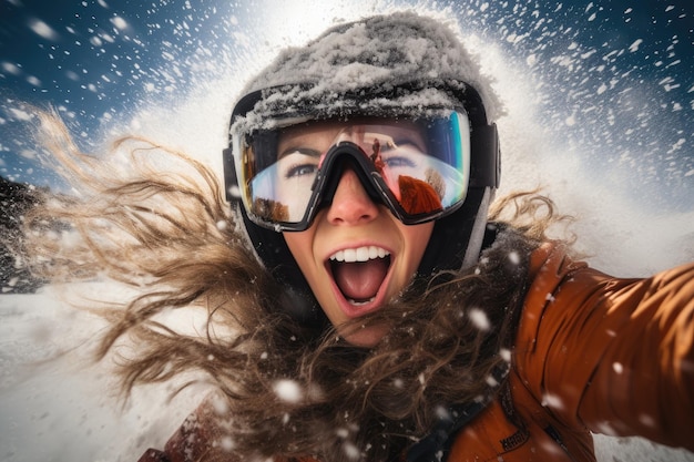 Foto vrolijke jonge vrouw die een selfie maakt met een snowboard in de bergen een vrouw die op een snowboard in de sneeuw rijdt, haar gezicht vertrokken van emotie en vastberadenheid ai gegenereerd