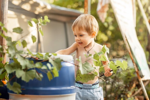 Vrolijke jongen thuis achtertuin op zonnige zomerdag zomer op het platteland