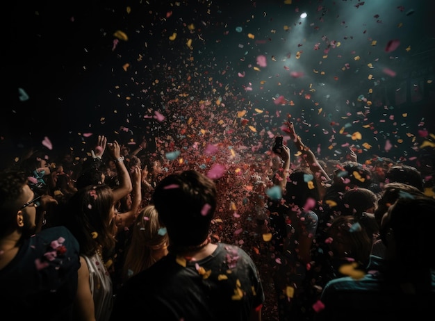Vrolijke jongeren douchten met confetti op een clubfeest