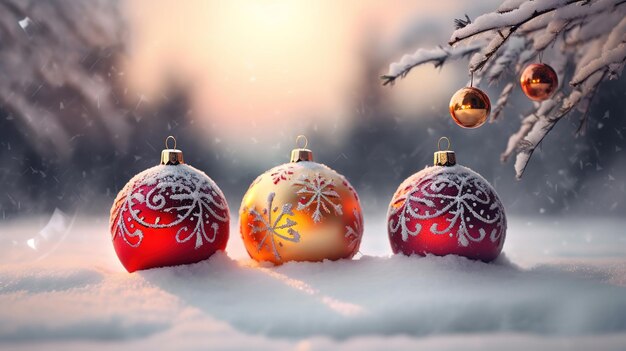 Vrolijke kerstballen op sneeuw met dennen takken Heldere kleuren Generatieve Ai