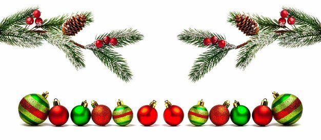 Vrolijke kerstkrans gemaakt van dennentakken rode en groene ballen op witte kerst en nieuwjaar