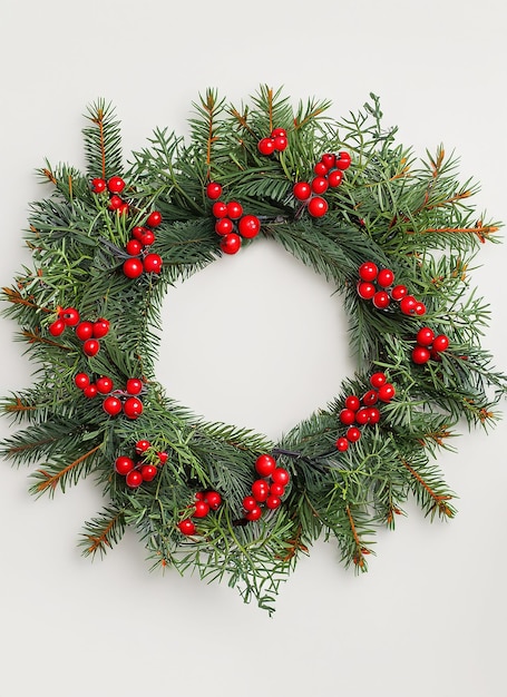 Foto vrolijke kerstkrans witte achtergrond groene spar takken en rode bessen natuurontwerp