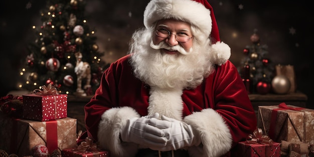 Vrolijke Kerstman met borstelige witte baard in klassiek kerstmanpak en kerstmuts