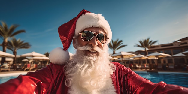 Vrolijke kerstman op het strand in de zomer met een zonnebril op en genietend van de oceaan en de zomervakantie Ai Generative AI