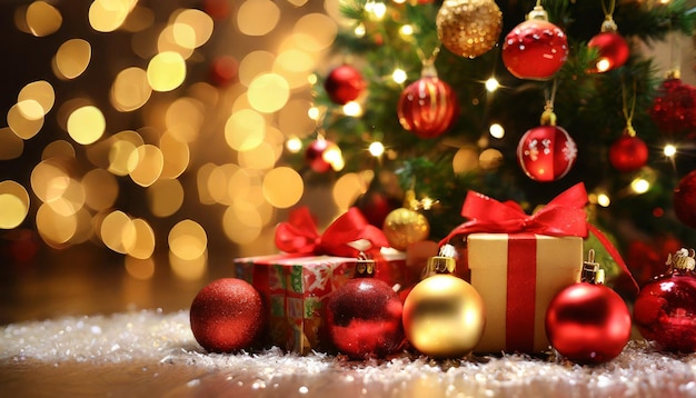 Vrolijke kerstversieringen Rode en gouden kerstballen en verlichting Kerstboom en mooi