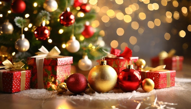 Vrolijke kerstversieringen Rode en gouden kerstballen en verlichting Kerstboom en mooi