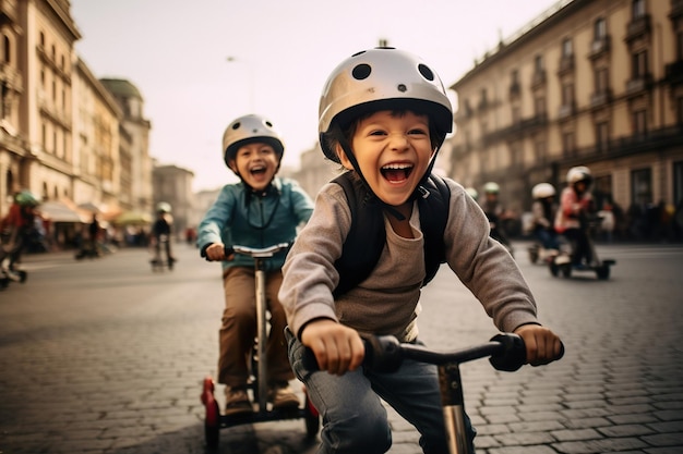 Vrolijke kinderfietser fiets buiten bij daglicht