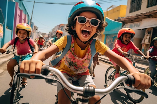 Vrolijke kinderfietser fiets buiten bij daglicht