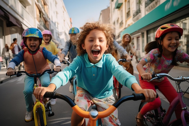 Vrolijke kinderfietser fiets buiten bij daglicht