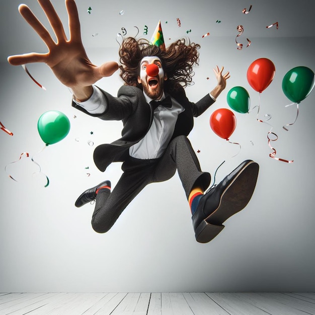 vrolijke man met clown neus springen fisheye camera