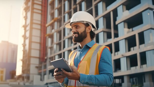 Vrolijke mannelijke bouwer in een witte beschermende helm en met een digitale tablet in zijn handen tegen de achtergrond van een huis in aanbouw Generatieve AI