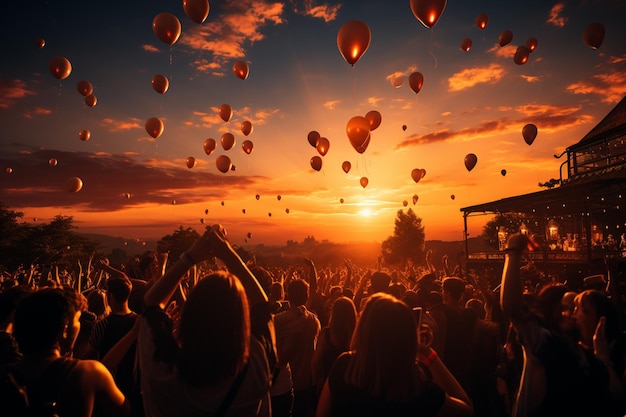 vrolijke menigte mensen bij de zonsondergang op het feestelijke evenement