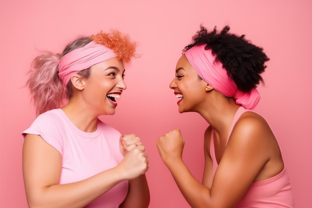 Vrolijke multiculturele vrouwen die roze hoofdbanden dragen die vechten tegen kanker Gelukkige kankeroverlevenden Generatieve AI