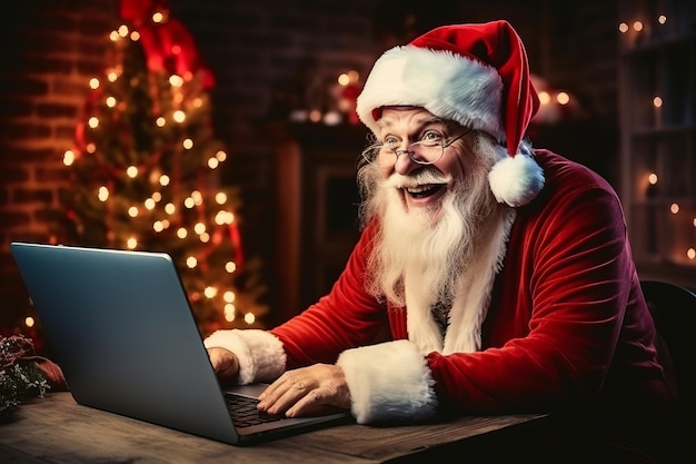 Vrolijke oude kerstman met hoed die een laptopcomputer gebruikt die aan de thuistafel zit