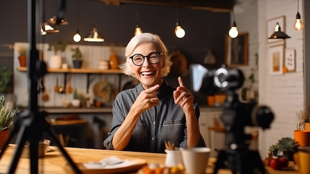 Vrolijke oudere oudere influencer-vrouw die bezig is met fotograferen voor blog