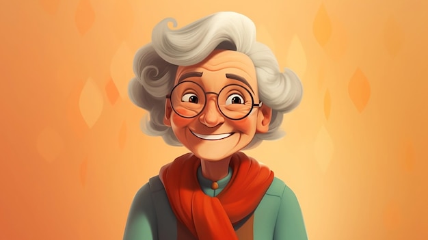 Vrolijke oudere vrouw die de camera begroet Vrouwelijke oudere stripfiguur die naar de camera glimlacht