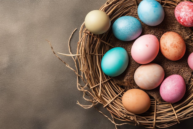 Vrolijke paasdag met gekleurde eieren in het mandje of nest op houten achtergrond of kopieerruimte