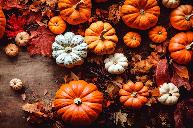 Vrolijke pompoen en herfstblad op een houten tafel