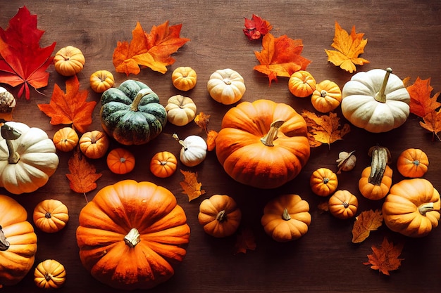 Vrolijke pompoen en herfstblad op een houten tafel