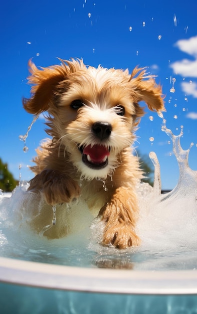 Vrolijke pooch maakt een spetterende entree