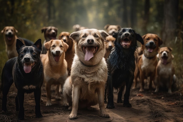 Vrolijke roedel honden die in een bos rennen