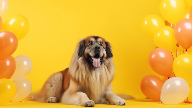 Vrolijke ruige hond met ballonnen op een feestelijke gele achtergrond