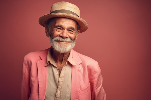 Vrolijke senior man glimlachend met hoed op een gekleurde achtergrond Generatieve AI