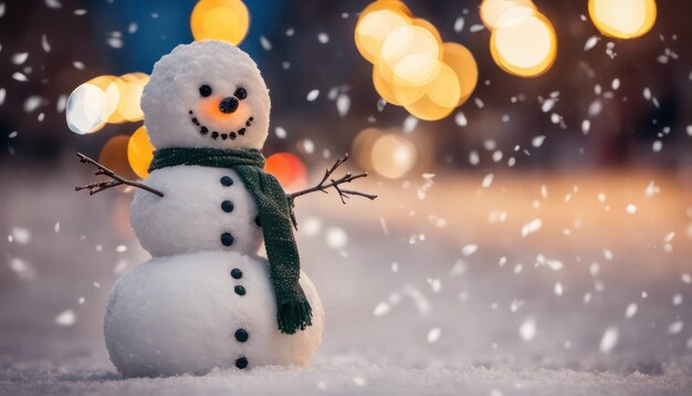 Vrolijke sneeuwman op een magische winteravond.
