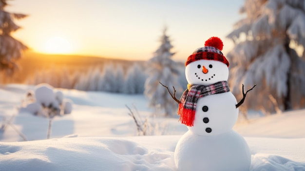 Vrolijke sneeuwpop in een besneeuwd landschap