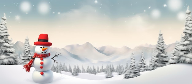 vrolijke sneeuwpop met knalrode muts en wanten in een besneeuwd landschap