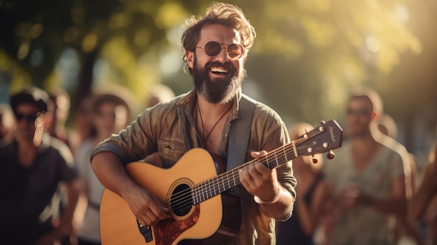 Vrolijke straatmuzikanten die optreden in het stadspark op zonnige zomerdag