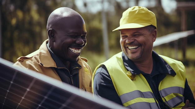Foto vrolijke volwassen mannelijke ingenieurs in hardhats en vesten controleren de blauwdruk van het bouwplan op een zonne-energiepark