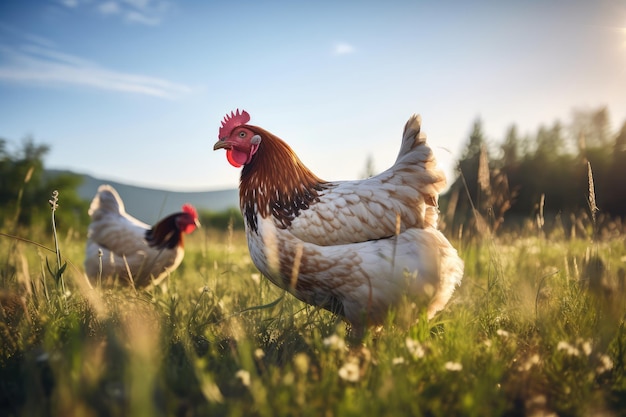 vrolijke vrije uitloop biologische kip in de wei