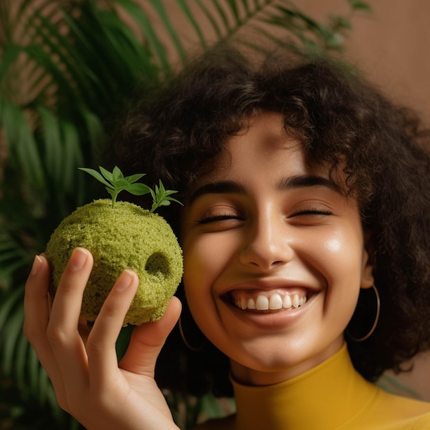 Vrolijke vrouw die groene ecobal houdt en bij camera glimlacht