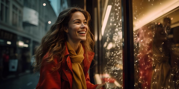 Vrolijke vrouw in een rode sjaal lachend bij een etalage. Avondstadslichten schitteren en creëren een warme, feestelijke sfeer AI