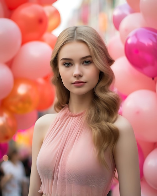 Vrolijke vrouw in elegante jurk die viert met een ballon.