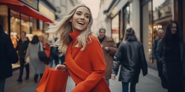 Vrolijke vrouw in het rood, ronddraaiend met boodschappentassen op een drukke straat in de stad, euforisch winkelen vastgelegd in beweging AI