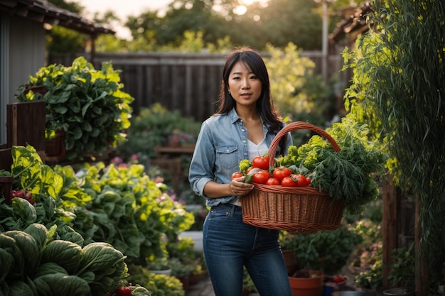 Vrolijke vrouw in moestuin met mandje met verse producten glimlachend in de camera