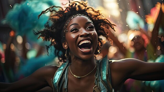 Vrolijke vrouw met dreadlocks lachen en dansen in viering