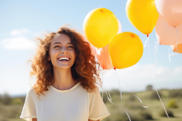 Foto vrolijke vrouw vieren met kleurrijke ballonnen