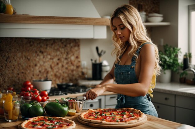 Vrolijke vrouwelijke chef-kok in de moderne keuken die kookplezier vastlegt