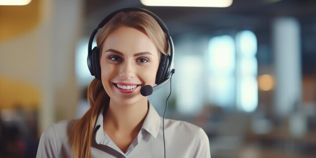 Vrolijke vrouwelijke klantenservicemedewerker klaar om te helpen met het uitstralen van vertrouwen en warmte callcenterprofessional in hoofdtelefoon Gemaakt met generatieve AI-tools