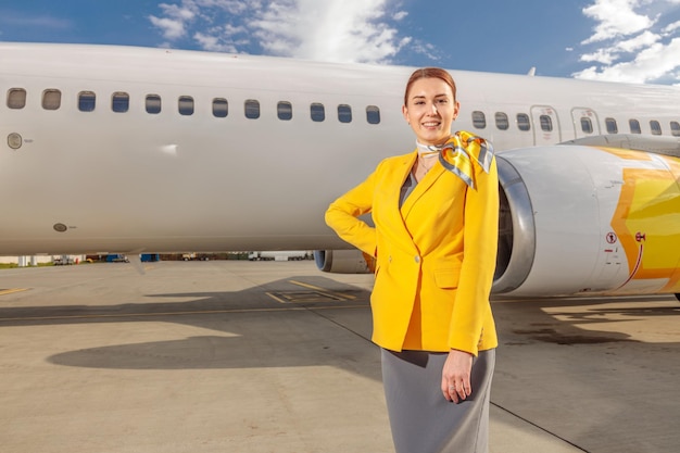 Vrolijke vrouwelijke stewardess in luchtvaartuniform die naar de camera kijkt en glimlacht terwijl ze in de buurt van het vliegtuig op de luchthaven staat