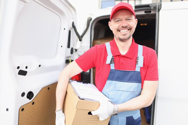 Vrolijke werker in rood uniform