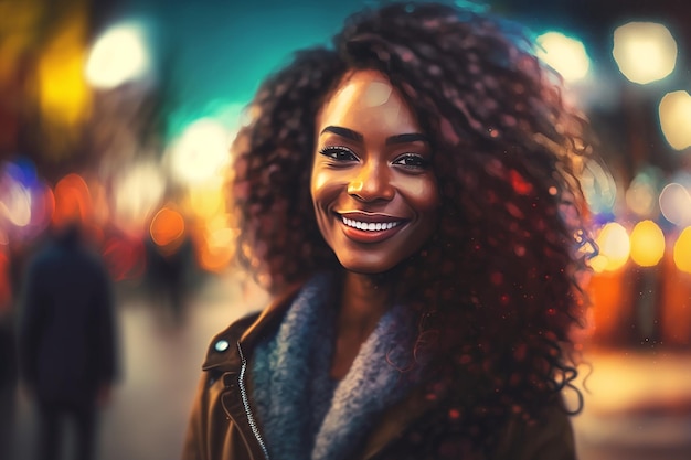 Vrolijke zwarte vrouw op straat bokeh achtergrond Generatieve AI