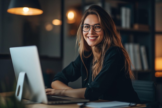 Vrouw aan het bureau met een laptop