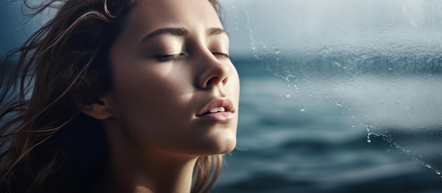 Foto vrouw ademt op zee witte licht achtergrond