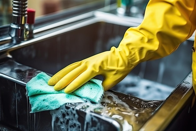 Vrouw afwassen onder stromend water afwasmiddel man vuile vaat wassen met handschoenen
