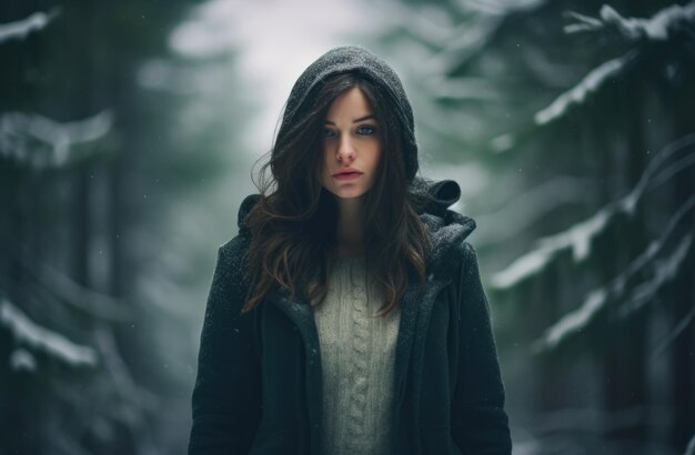 Vrouw alleen in het bos tijdens een wintersneeuw