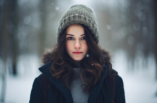 Vrouw alleen in het bos tijdens een wintersneeuw